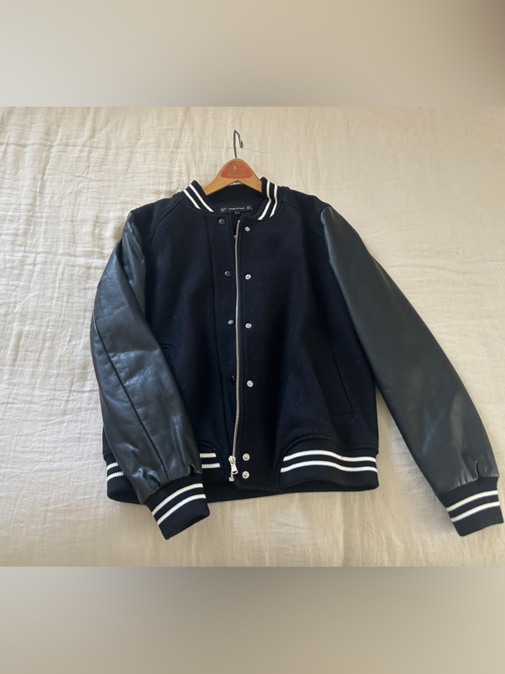 Zara Women’Black Varsity Bomber Jacket with Pleather Sleeves